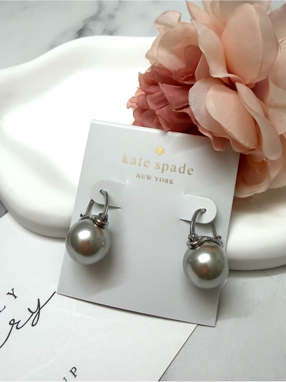 kate spade Silver Pearl Hoop Drop Earrings
